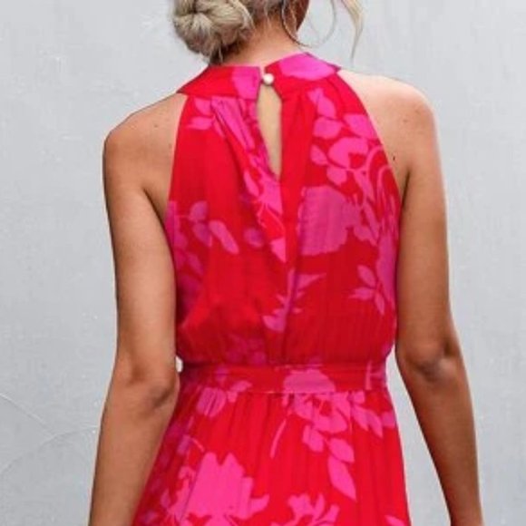 red pink floral print belted halter maxi dress -  Boho - Picture 10 of 11